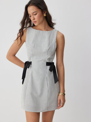 Cotton-blend Stripe Boat Neck Bowknot A-line Mini Dress