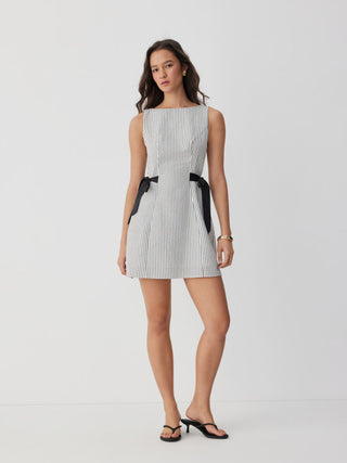 Cotton-blend Stripe Boat Neck Bowknot A-line Mini Dress