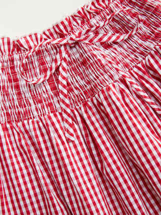 Woven Cotton-blend Gingham Shirred High Rise Mini Dress For Daily Casual