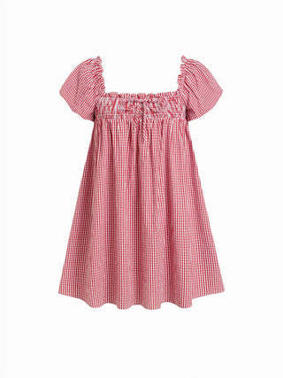 Woven Cotton-blend Gingham Shirred High Rise Mini Dress For Daily Casual