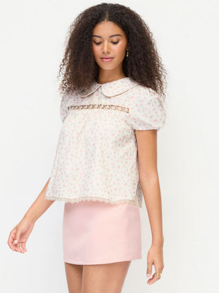 Cotton-blend Floral Peter Pan Collar Puff Sleeve Lace Insert Babydoll Blouse
