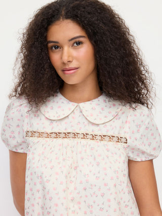 Cotton-blend Floral Peter Pan Collar Puff Sleeve Lace Insert Babydoll Blouse