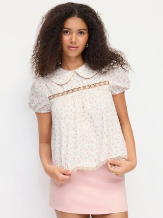 Cotton-blend Floral Peter Pan Collar Puff Sleeve Lace Insert Babydoll Blouse
