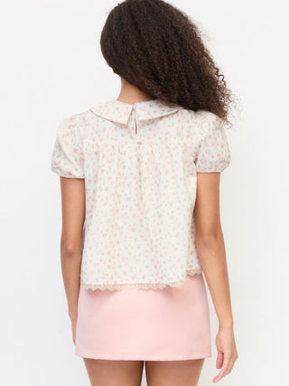 Cotton-blend Floral Peter Pan Collar Puff Sleeve Lace Insert Babydoll Blouse