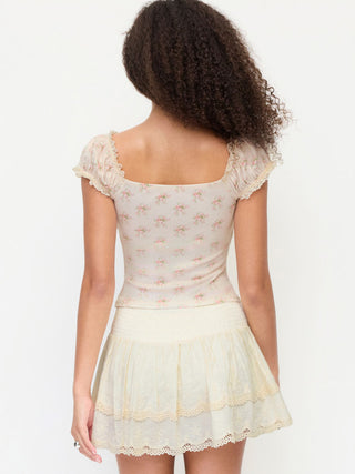Floral Sweetheart Neckline Ruched Lace Trim Tie Front Top