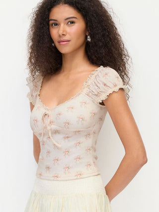 Floral Sweetheart Neckline Ruched Lace Trim Tie Front Top