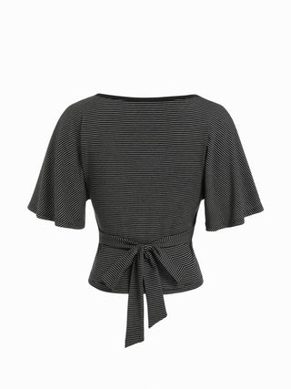 Lyocell-blend Striped V-neck Cloak Sleeve Ruched Tie Back Top