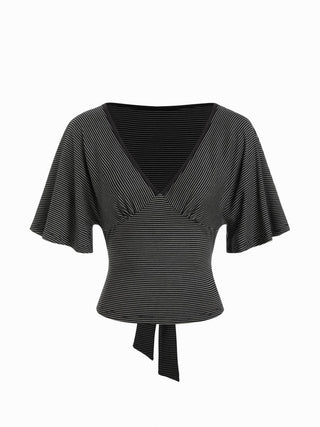 Lyocell-blend Striped V-neck Cloak Sleeve Ruched Tie Back Top