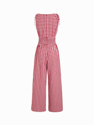 Cotton Gingham Boat Neck Drawstring Wide Leg Jumpsuit