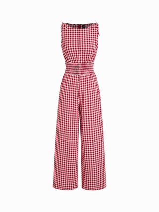 Cotton Gingham Boat Neck Drawstring Wide Leg Jumpsuit