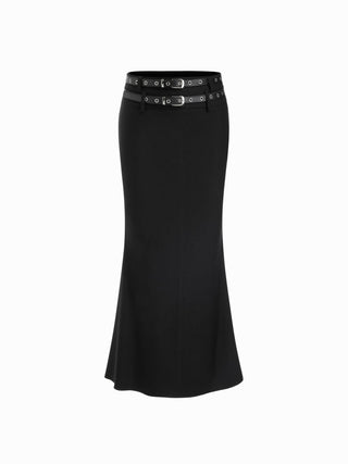 Mid Rise Mermaid Maxi Skirt With Belt