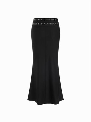 Mid Rise Mermaid Maxi Skirt With Belt