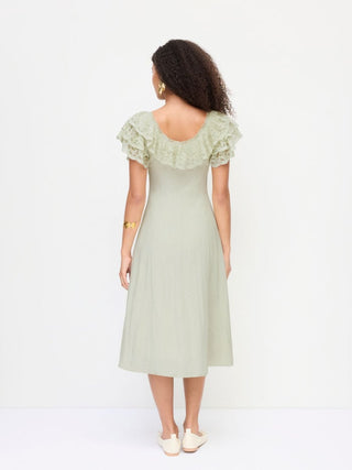 Linen-blend Linen-blend Scoop Neck Puff Sleeve Lace Bowknot A-line Midi Dress For Daily Casual Date