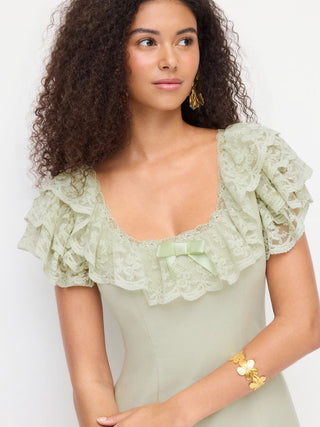 Linen-blend Linen-blend Scoop Neck Puff Sleeve Lace Bowknot A-line Midi Dress For Daily Casual Date