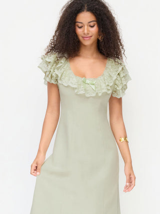 Linen-blend Linen-blend Scoop Neck Puff Sleeve Lace Bowknot A-line Midi Dress For Daily Casual Date