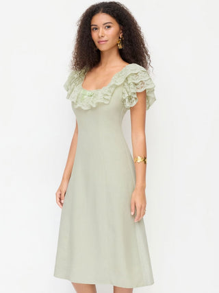 Linen-blend Linen-blend Scoop Neck Puff Sleeve Lace Bowknot A-line Midi Dress For Daily Casual Date
