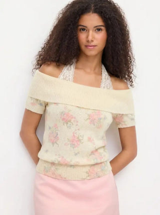 Knit Fabric Knit Wool-blend Floral Off-shoulder Lace Detail Puff Sleeve Top For Daily Casual Date