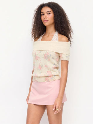 Knit Fabric Knit Wool-blend Floral Off-shoulder Lace Detail Puff Sleeve Top For Daily Casual Date