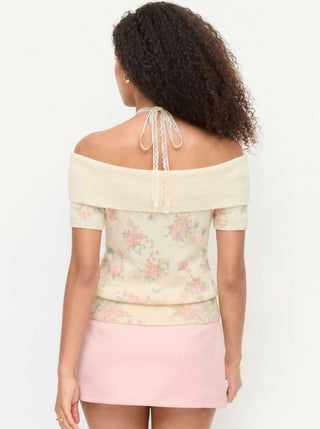Knit Fabric Knit Wool-blend Floral Off-shoulder Lace Detail Puff Sleeve Top For Daily Casual Date