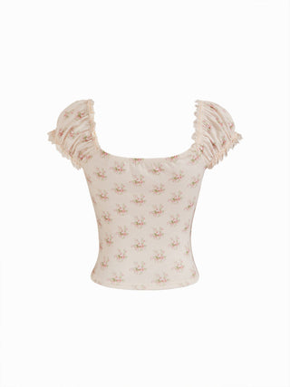 Floral Sweetheart Neckline Ruched Lace Trim Tie Front Top