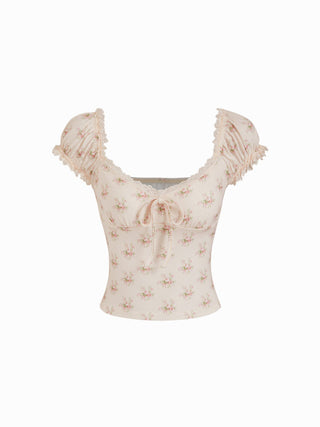 Floral Sweetheart Neckline Ruched Lace Trim Tie Front Top