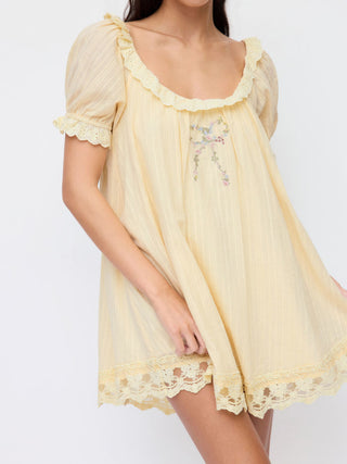 Cotton-blend Floral Graphic Scoop Neck Puff Sleeve Lace Babydoll Mini Dress