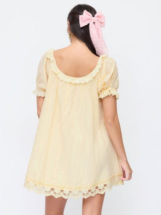 Cotton-blend Floral Graphic Scoop Neck Puff Sleeve Lace Babydoll Mini Dress