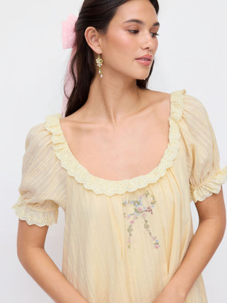 Cotton-blend Floral Graphic Scoop Neck Puff Sleeve Lace Babydoll Mini Dress