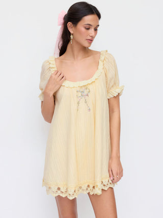 Cotton-blend Floral Graphic Scoop Neck Puff Sleeve Lace Babydoll Mini Dress