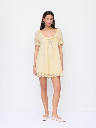 Cotton-blend Floral Graphic Scoop Neck Puff Sleeve Lace Babydoll Mini Dress