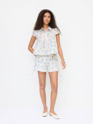 Woven Cotton-blend Floral Peplum Short Sleeve Oversized Blouse For Daily Casual Vacation