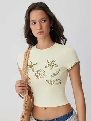 Knit Fabric Cotton-blend Nature Graphic Short Sleeve Embroidery Crop Tee For Vacation Beach
