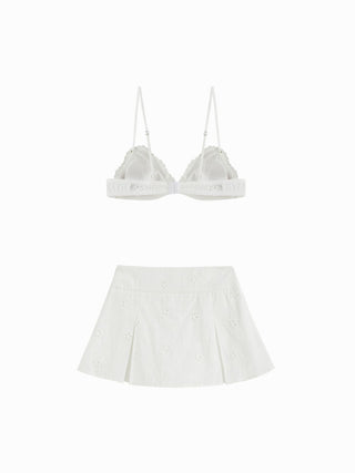 Cotton Cotton Sweetheart Eyelet Bralette & Mid Rise Skirt Loungewear Set For Daily Casual Home