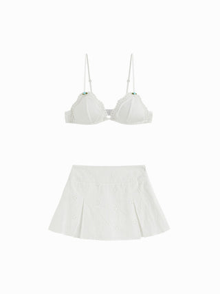 Cotton Cotton Sweetheart Eyelet Bralette & Mid Rise Skirt Loungewear Set For Daily Casual Home