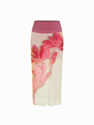 Mesh Halter Neckline Top & Mid Rise Floral Ruched Pencil Maxi Skirt Set