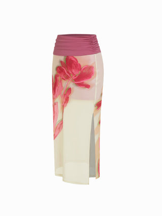 Mesh Halter Neckline Top & Mid Rise Floral Ruched Pencil Maxi Skirt Set