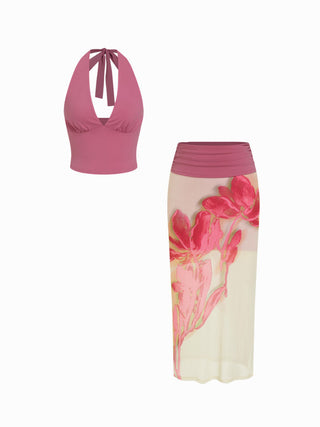 Mesh Halter Neckline Top & Mid Rise Floral Ruched Pencil Maxi Skirt Set