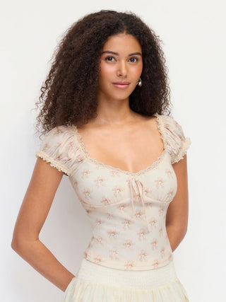 Floral Sweetheart Neckline Ruched Lace Trim Tie Front Top