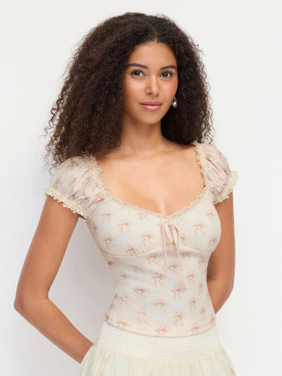 Floral Sweetheart Neckline Ruched Lace Trim Tie Front Top