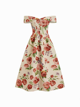 Jacquard Jacquard Floral Sweetheart Off-shoulder Flared Midi Dress For Date Wedding