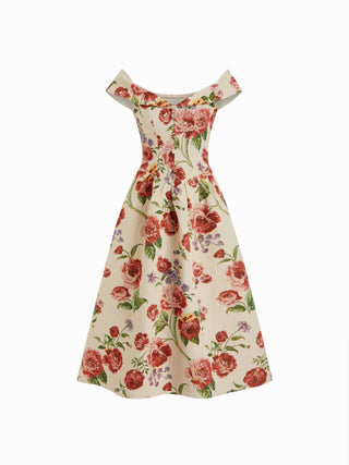 Jacquard Jacquard Floral Sweetheart Off-shoulder Flared Midi Dress For Date Wedding