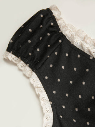 Jacquard Polka Dot V-neck Ruched Lace Trim Flared Mini Dress