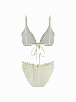 Textured V-neck Ruffle Trim Triangle Bikini Set