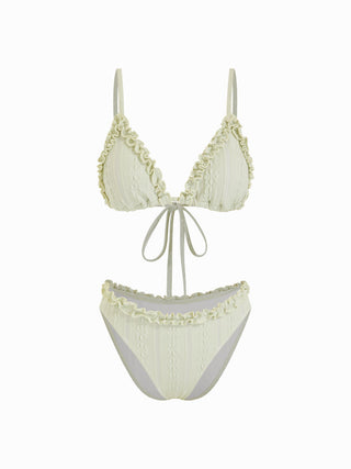 Textured V-neck Ruffle Trim Triangle Bikini Set