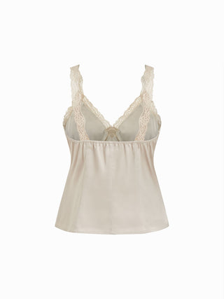 Satin V-neck Lace Trim Tank Blouse