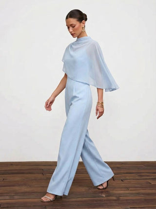 Stand Collar Asymmetrical Cloak Sleeve Mid Rise Wide Leg Jumpsuit