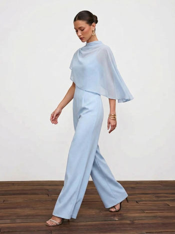 Stand Collar Asymmetrical Cloak Sleeve Mid Rise Wide Leg Jumpsuit