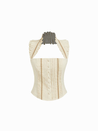 Cotton Cotton-blend Textured Halter Neck Ruffled Shirred Blouse For Daily Casual Date
