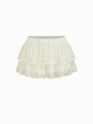 Mesh Mid Rise Lace Tiered Mini Skirt
