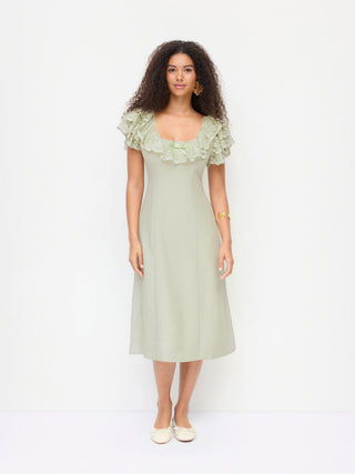 Linen-blend Linen-blend Scoop Neck Puff Sleeve Lace Bowknot A-line Midi Dress For Daily Casual Date